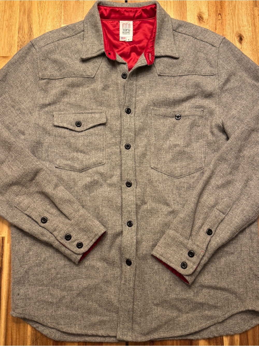 Topo Designs Gray Button-Up Wool-Blend Shirt Jacket with Red Lining